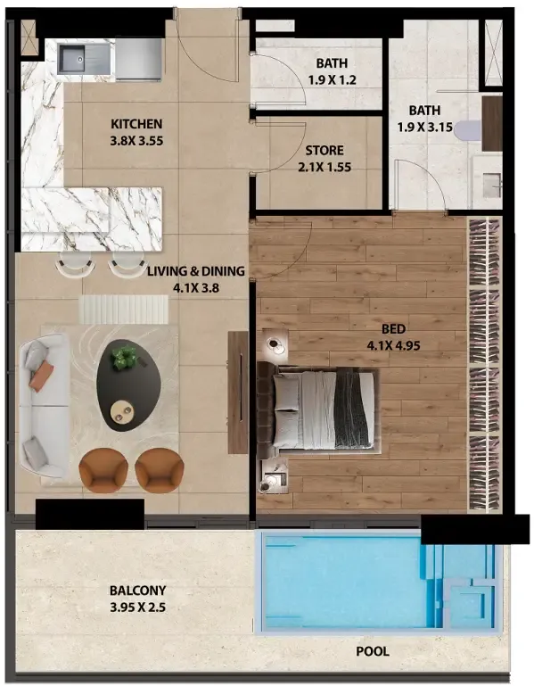 1 bedroom Apartments floor plan at Marquis One