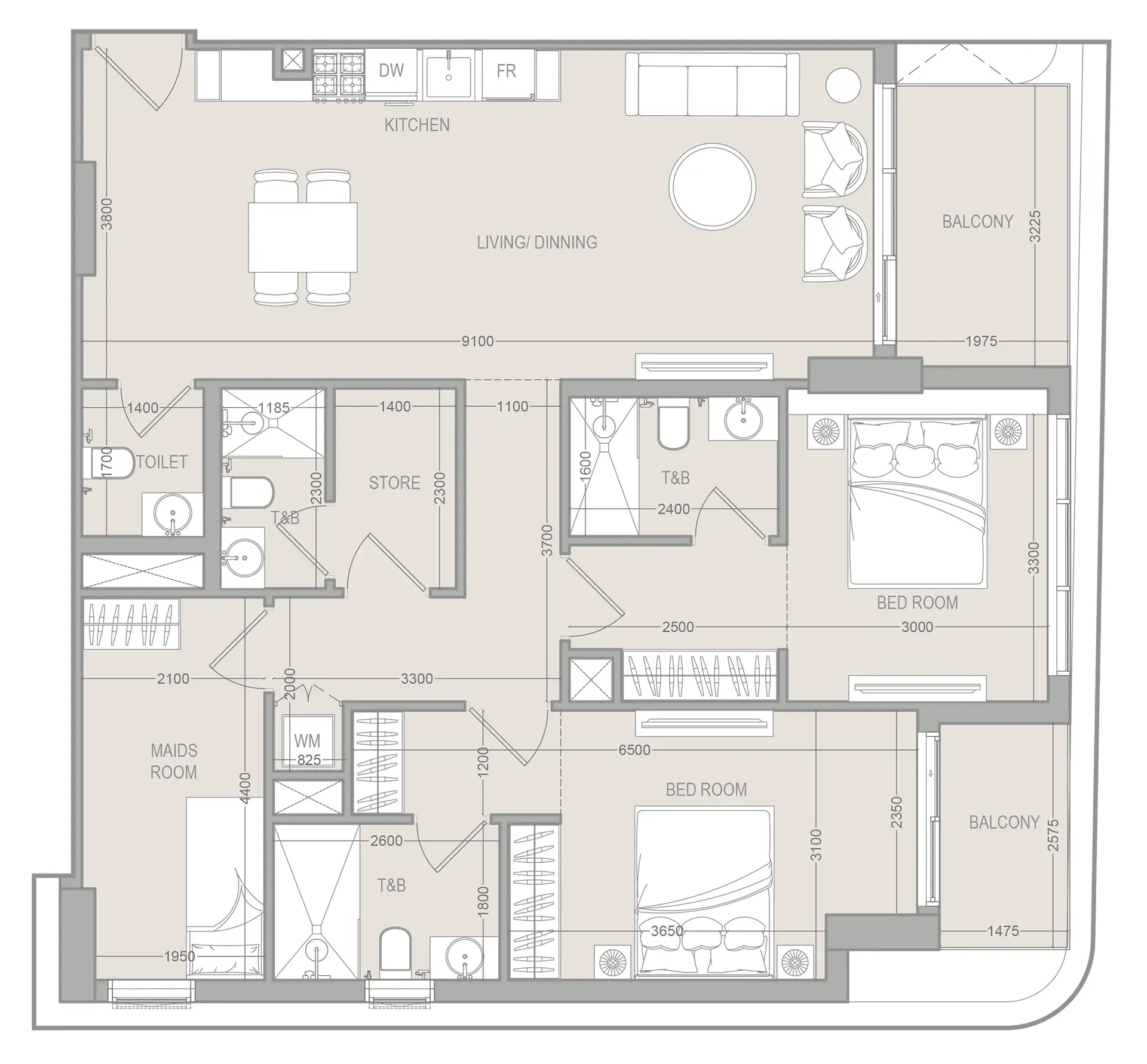 2.5 bedroom Apartments floor plan at FLU1D ONE