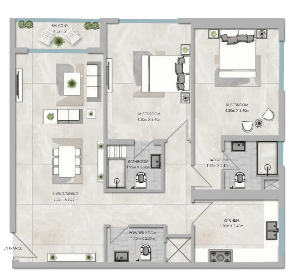 2 bedroom apartments floor plan at Al Aamra 3 Tower