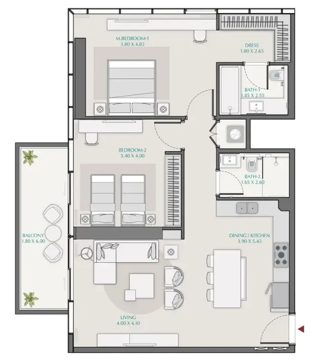 2 bedroom Apartments floor plan at Avenue Park Towers 1 at Wasl 1