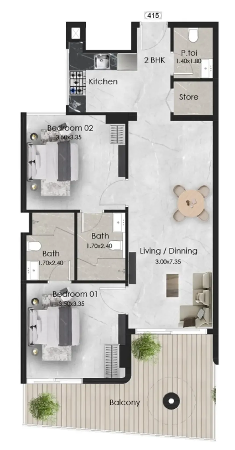 2 bedroom Apartments floor plan at Aristo