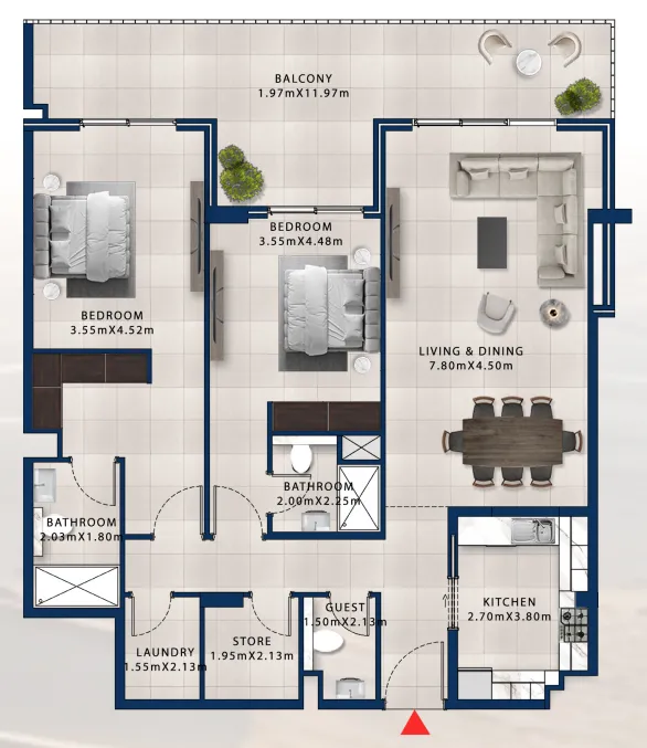 2 bedroom Apartments floor plan at Asayel Avenue