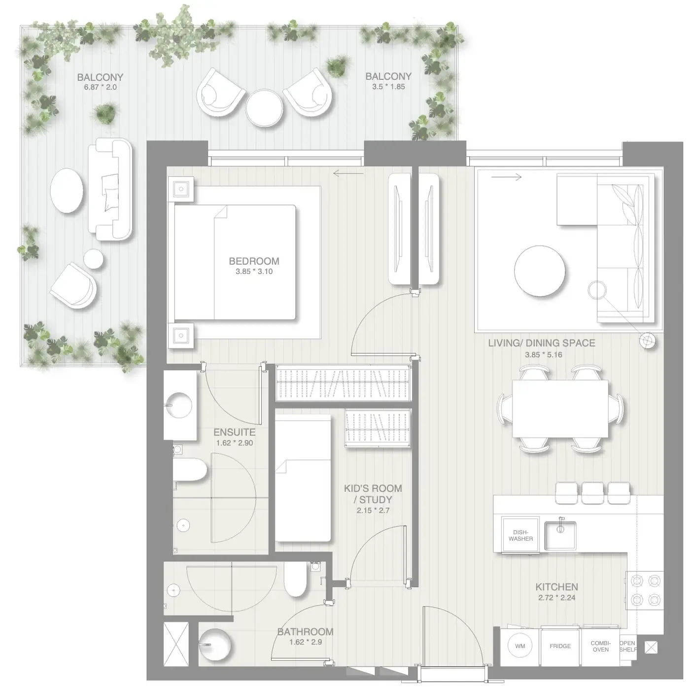 1.5 bedroom Apartments floor plan at Sol Levante