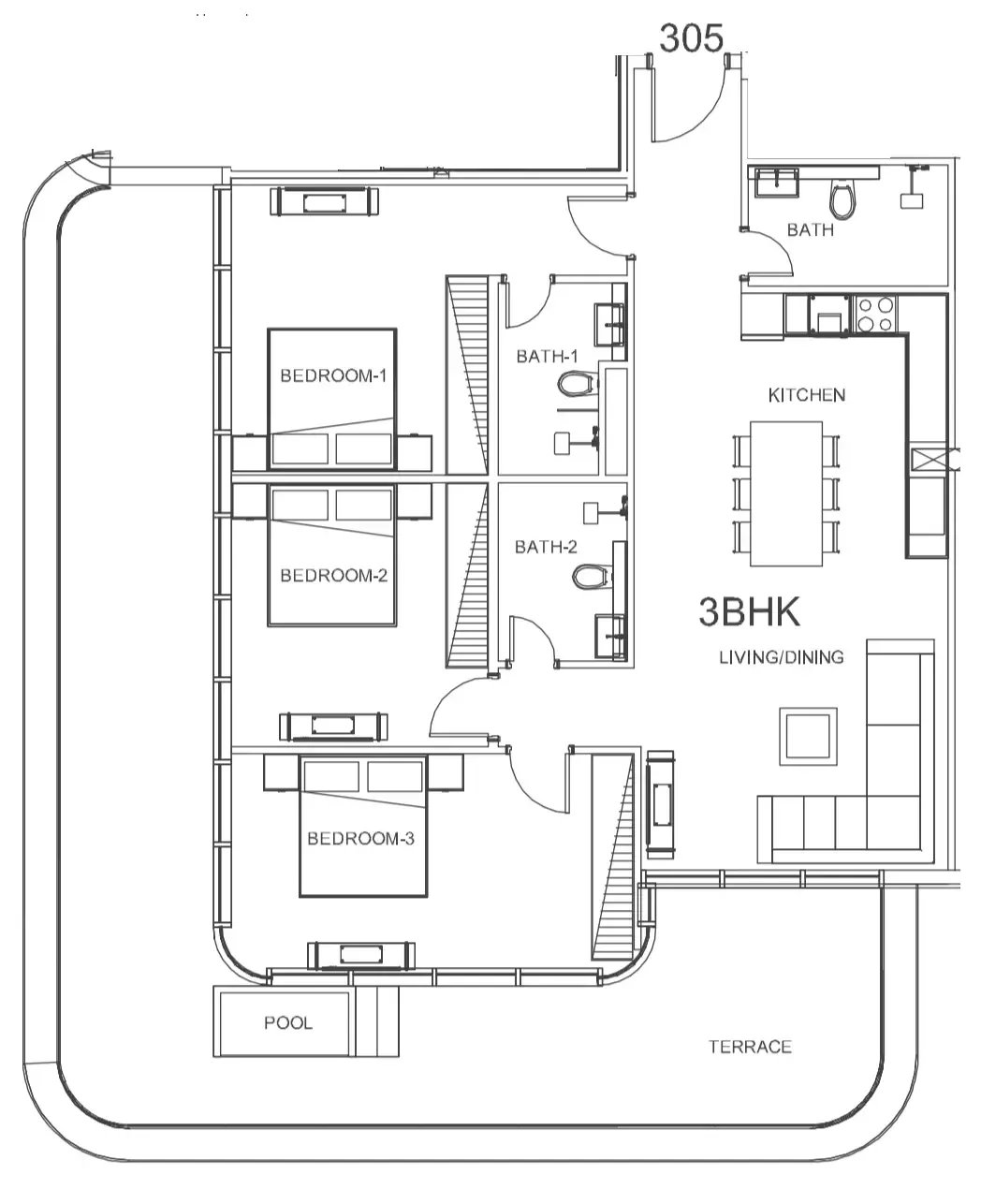3 bedroom Apartments floor plan at Villa Del Arte