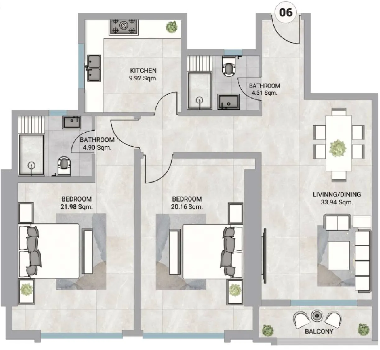 2 bedroom Apartments floor plan at Barajeel Towers