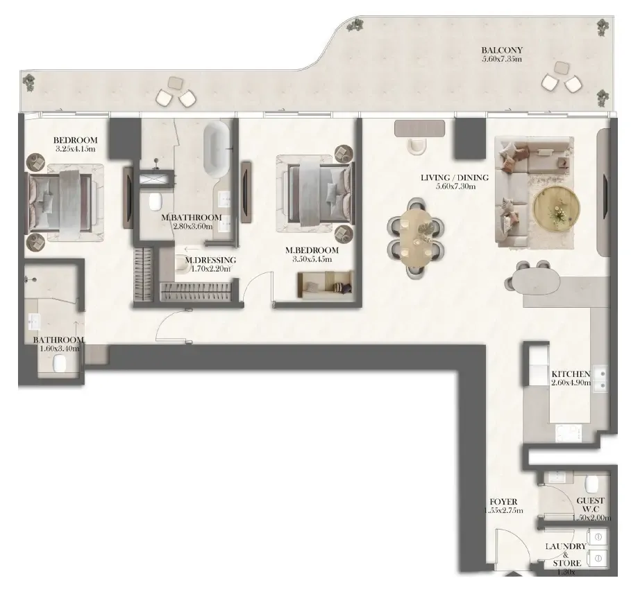 2 bedroom Apartments floor plan at Jumeirah Residences at Al Maryah Island