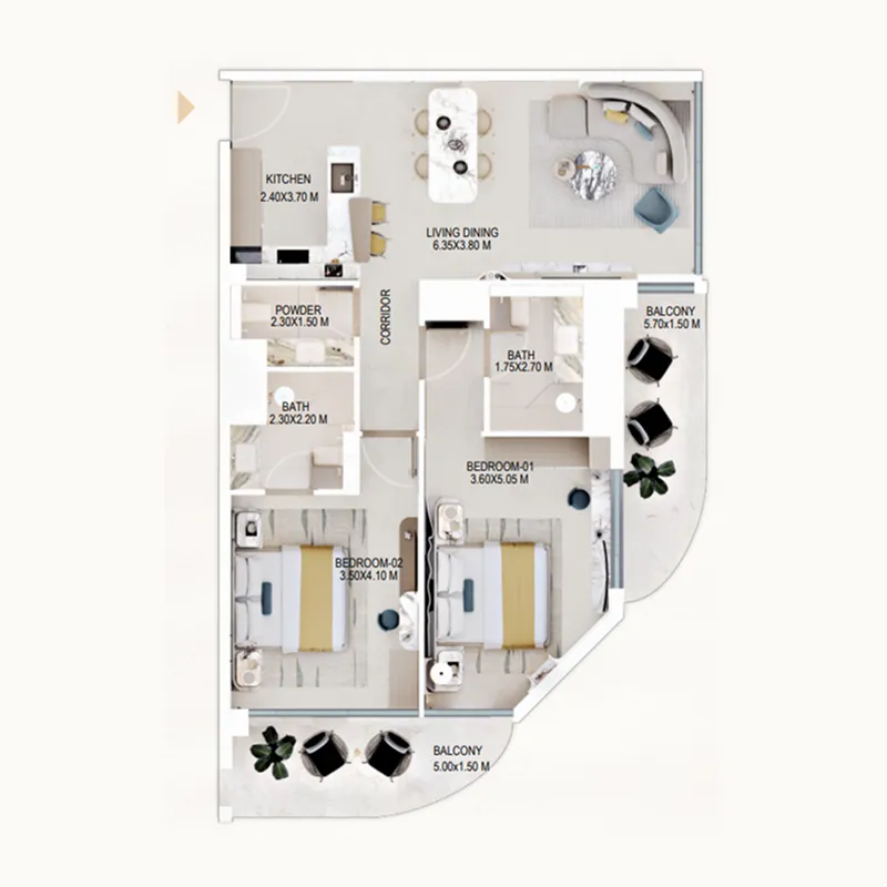 2 bedroom Apartments floor plan at Rabdan Gardens