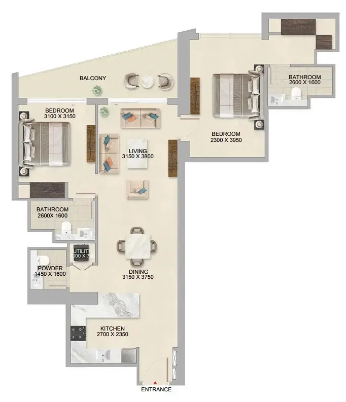 2 bedroom Apartments floor plan at The Tranquil at Sobha Central