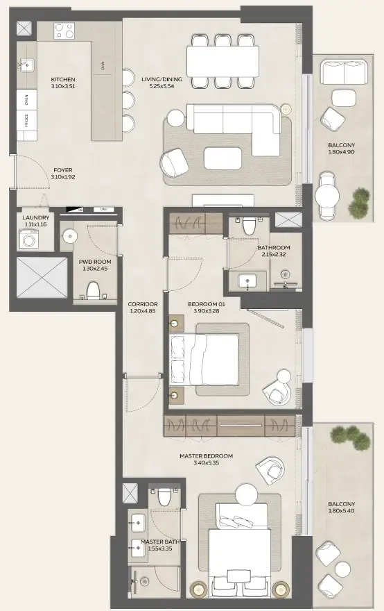 2 bedroom Apartments floor plan at Expo Valley Views - Ghadeer