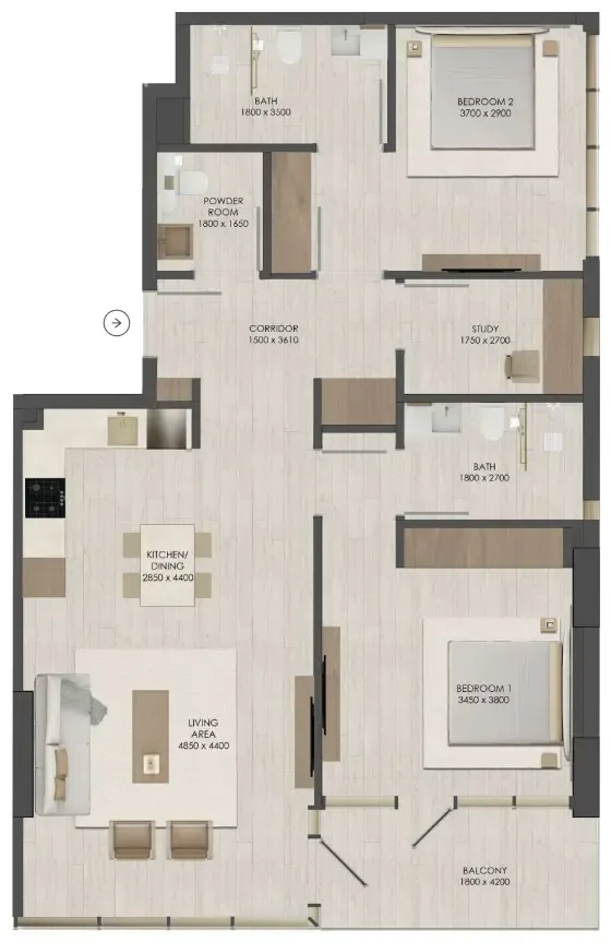 2 bedroom Apartments floor plan at JAD 288