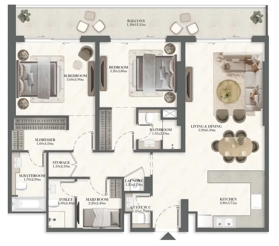 2 bedroom Apartments floor plan at Rotana Residences South Tower
