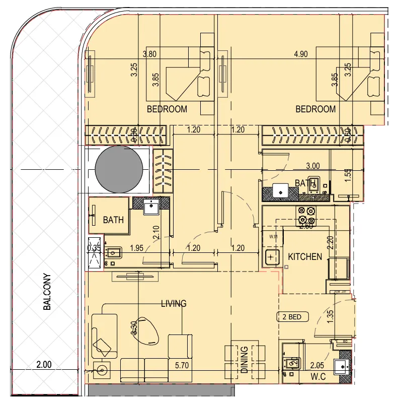 2 bedroom Apartments floor plan at Binghatti Sky Terraces