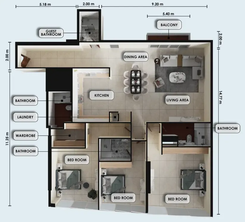 3 bedroom Apartments floor plan at Zenith J1