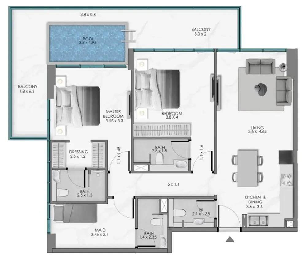2 bedroom Apartments floor plan at Samana Ocean Bay