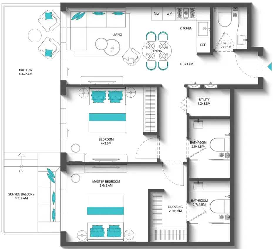 2 bedroom Apartments floor plan at Reef 996