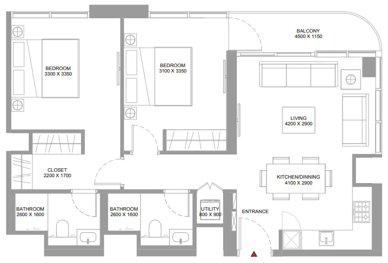 2 bedroom Apartments floor plan at Pristine Beach Residences