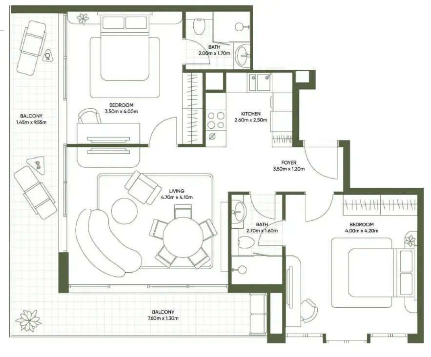 2 bedroom Apartments floor plan at Olivia Gardens