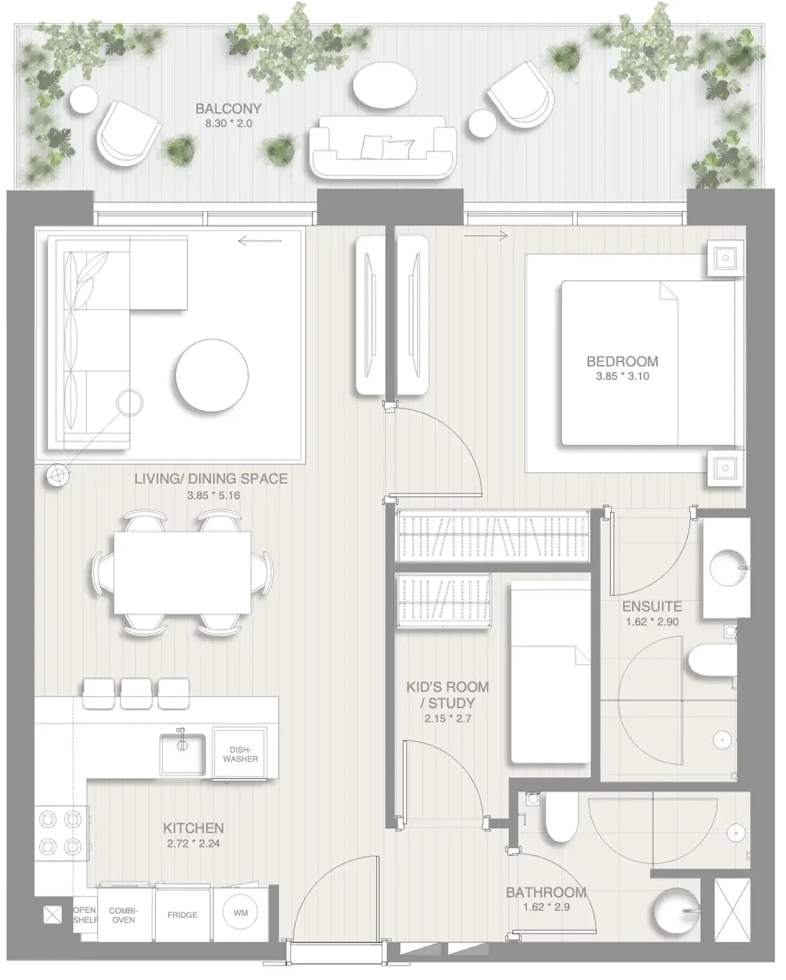1.5 bedroom Apartments floor plan at Sol Levante