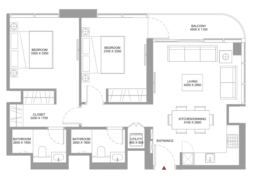 2 bedroom Apartments floor plan at Coastline Beach Residences
