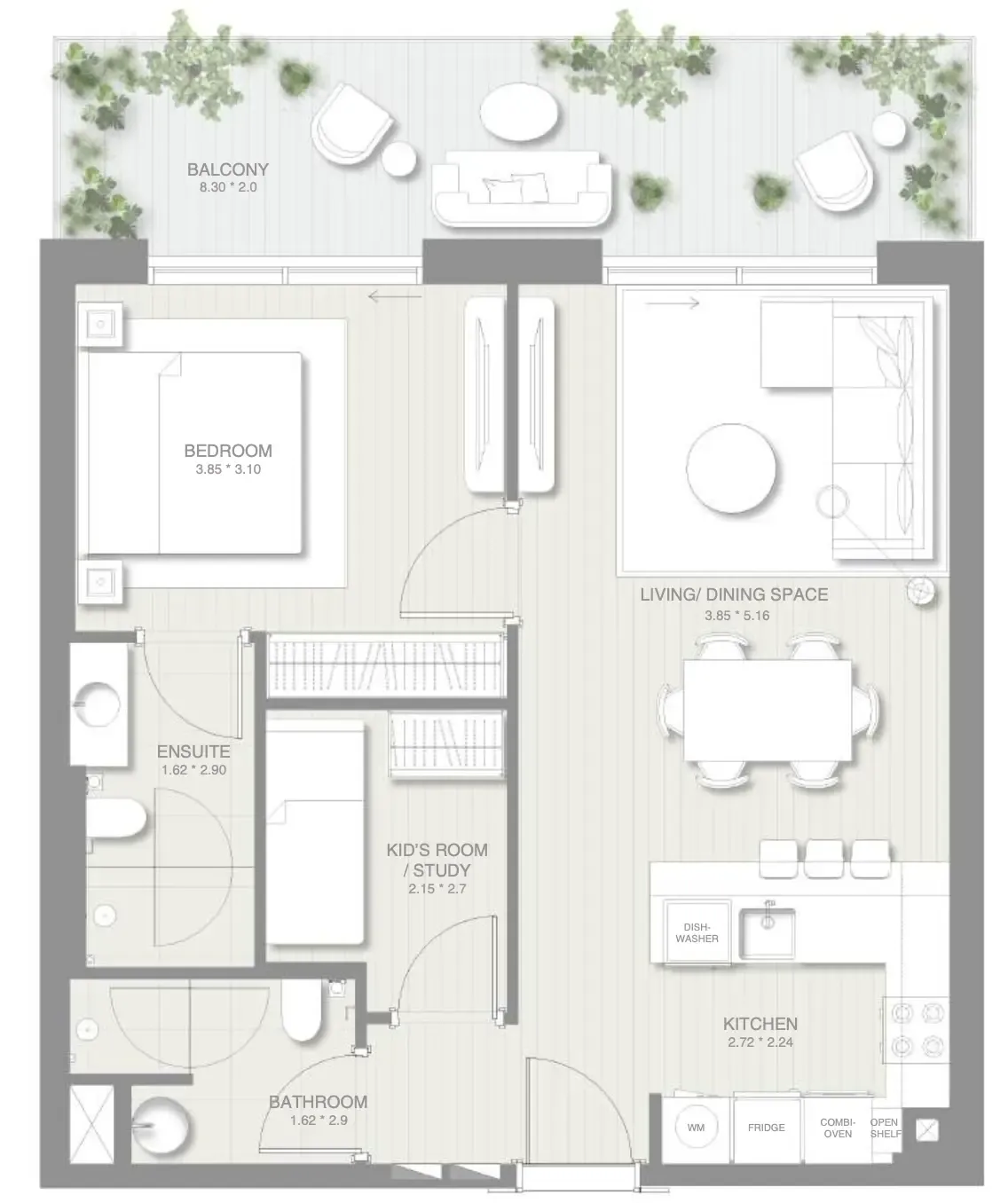 1.5 bedroom Apartments floor plan at Sol Levante
