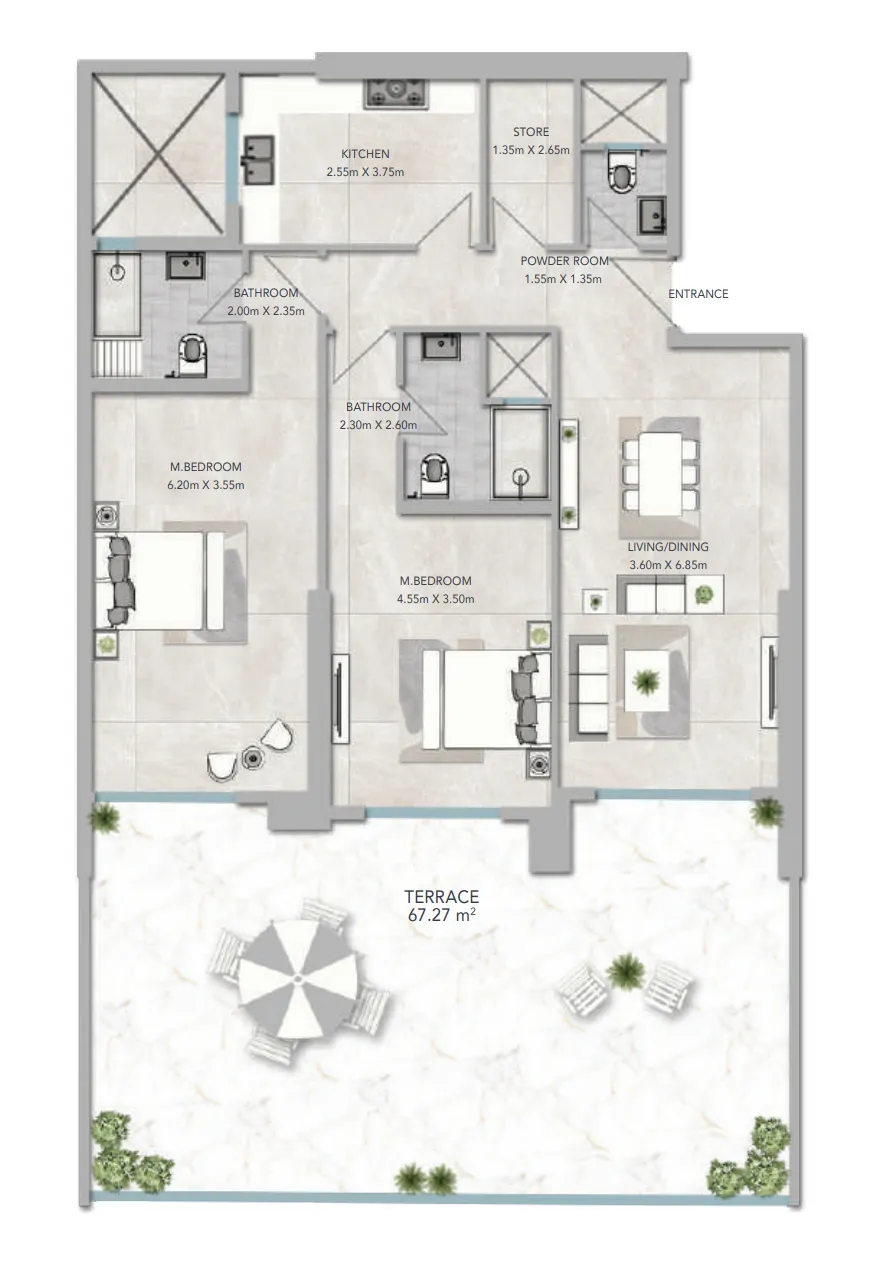 2 bedroom apartments floor plan at Al Aamra 3 Tower