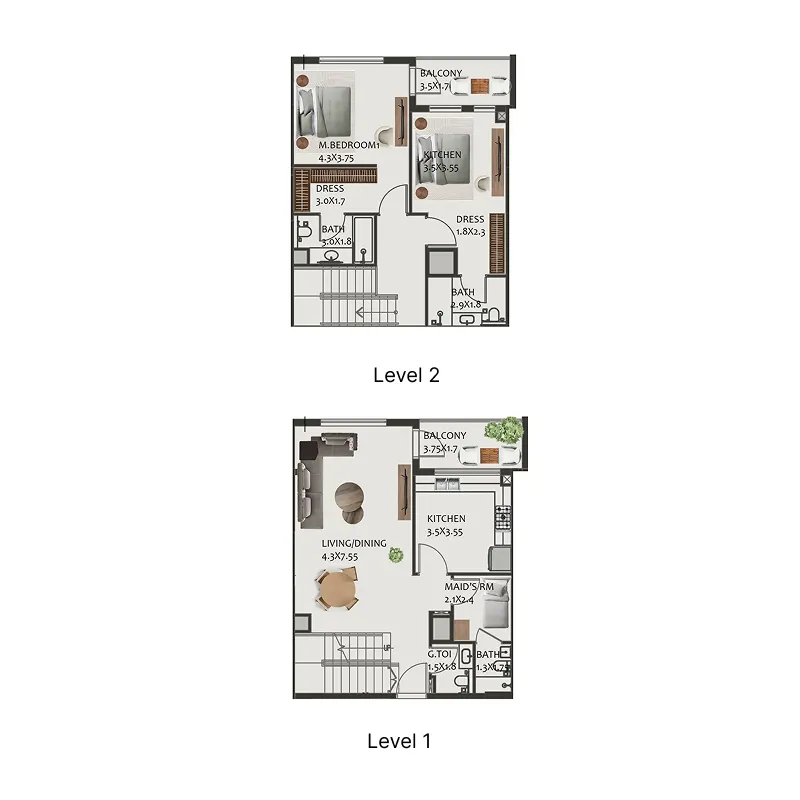 2 bedroom Duplex floor plan at Hillside Residences