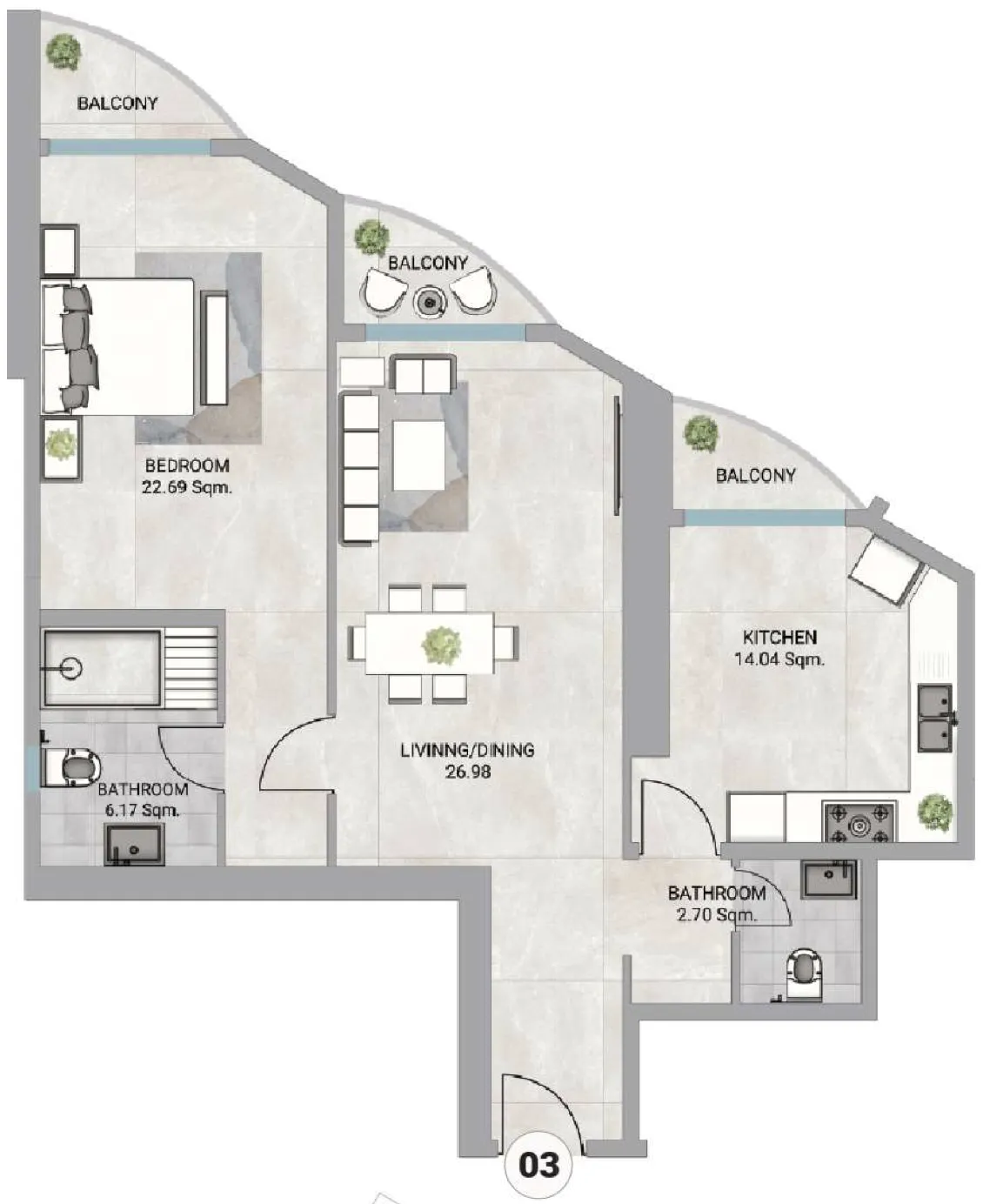 1 bedroom Apartments floor plan at Barajeel Towers