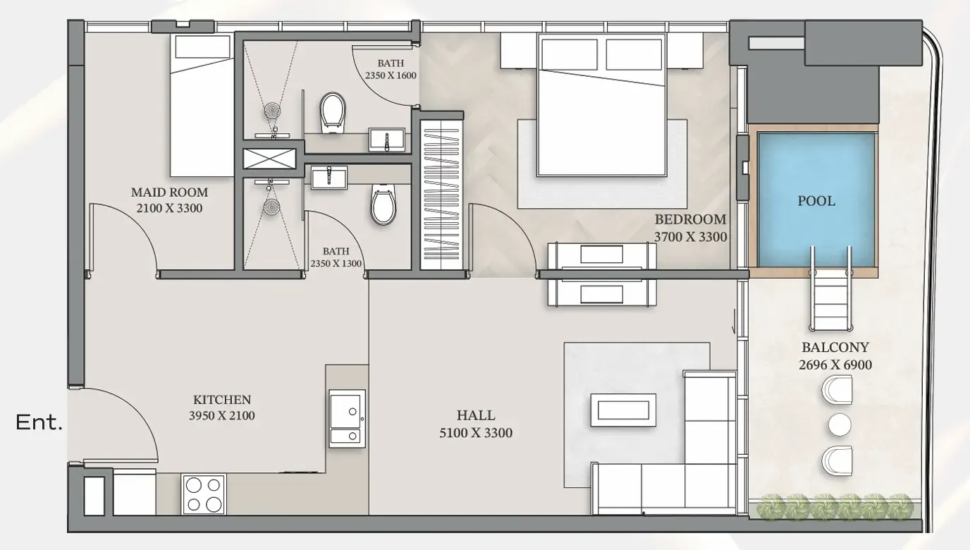 1.5 bedroom Apartments floor plan at Empire Gardens