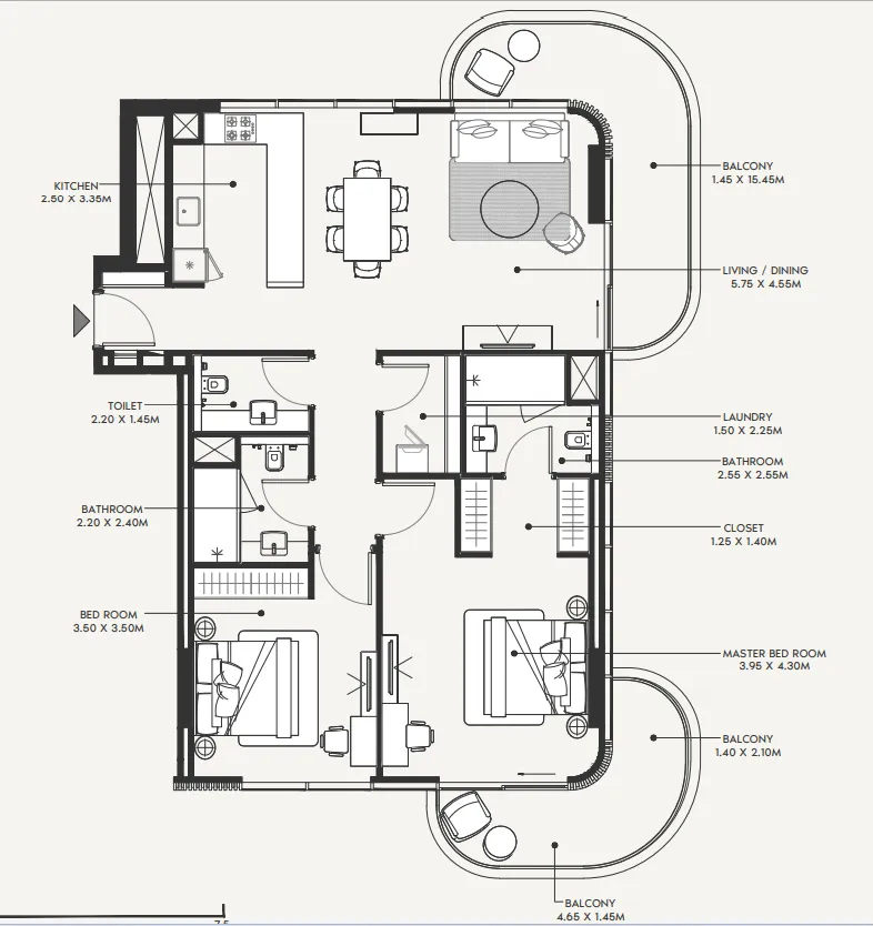 2 bedroom Apartments floor plan at Azizi Amir