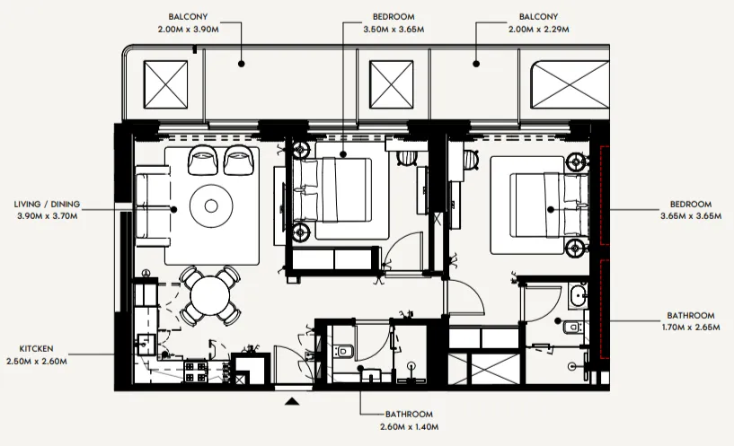 2 bedroom Apartments floor plan at Azizi Wasel