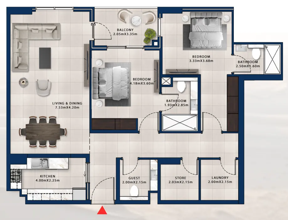 2 bedroom Apartments floor plan at Asayel Avenue