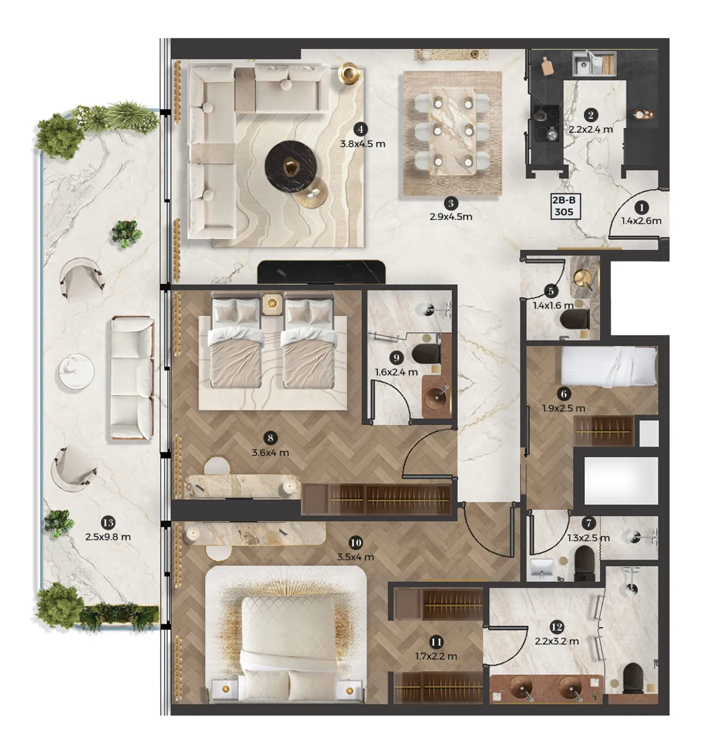 2 bedroom Apartments floor plan at Stellar by Elie Saab