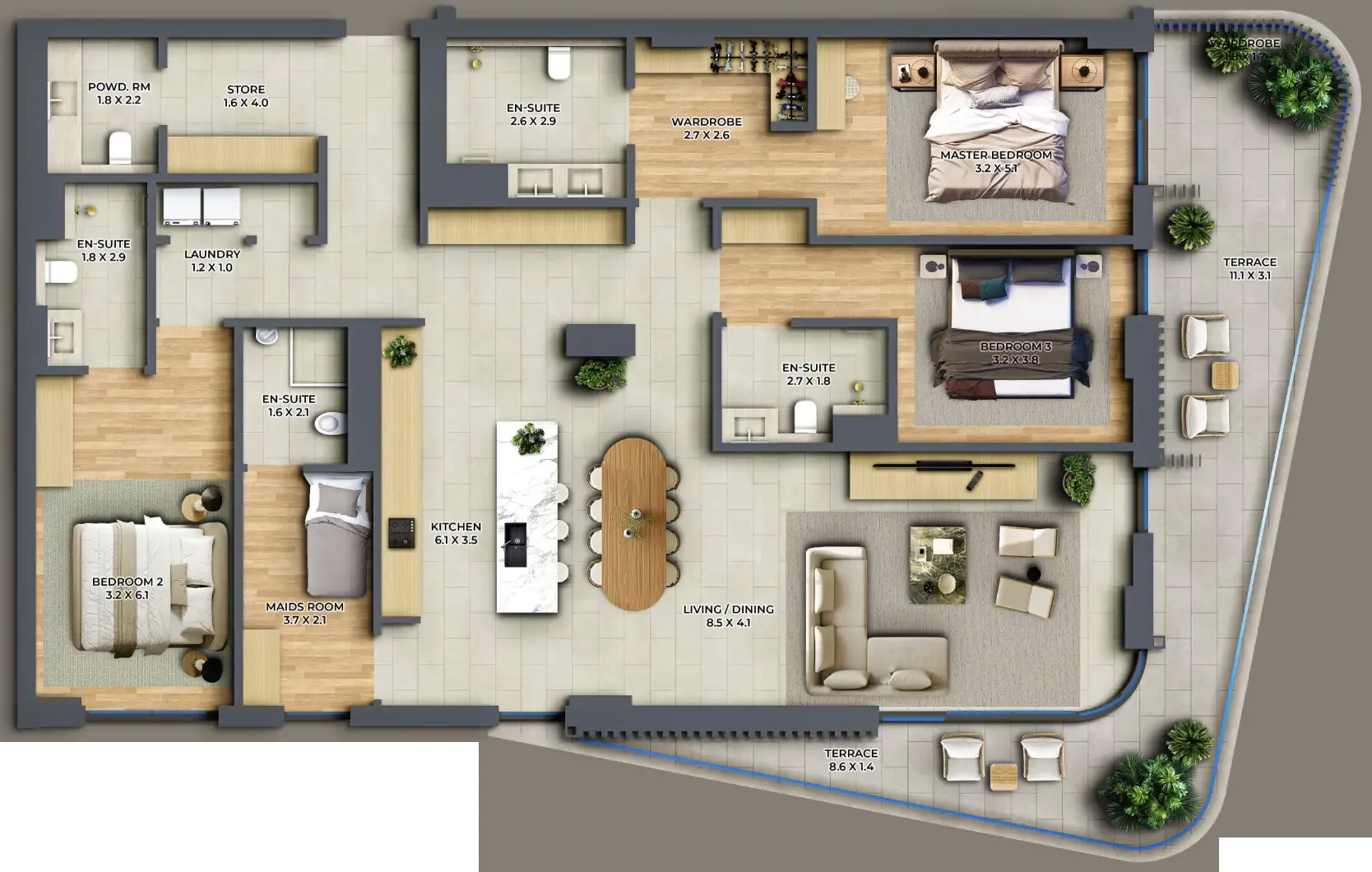 3 bedroom Apartments floor plan at The Cape
