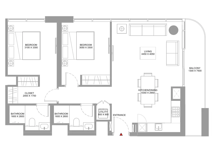 2 bedroom Apartments floor plan at Coastline Beach Residences