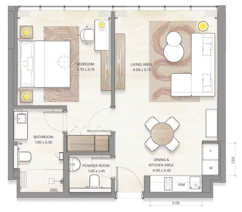 1 bedroom Apartments floor plan at Bloom Arjaan by Rotana