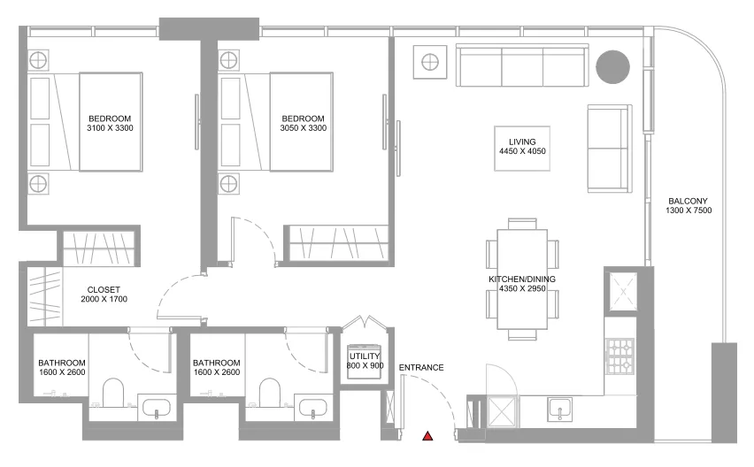 2 bedroom Apartments floor plan at Coastline Beach Residences
