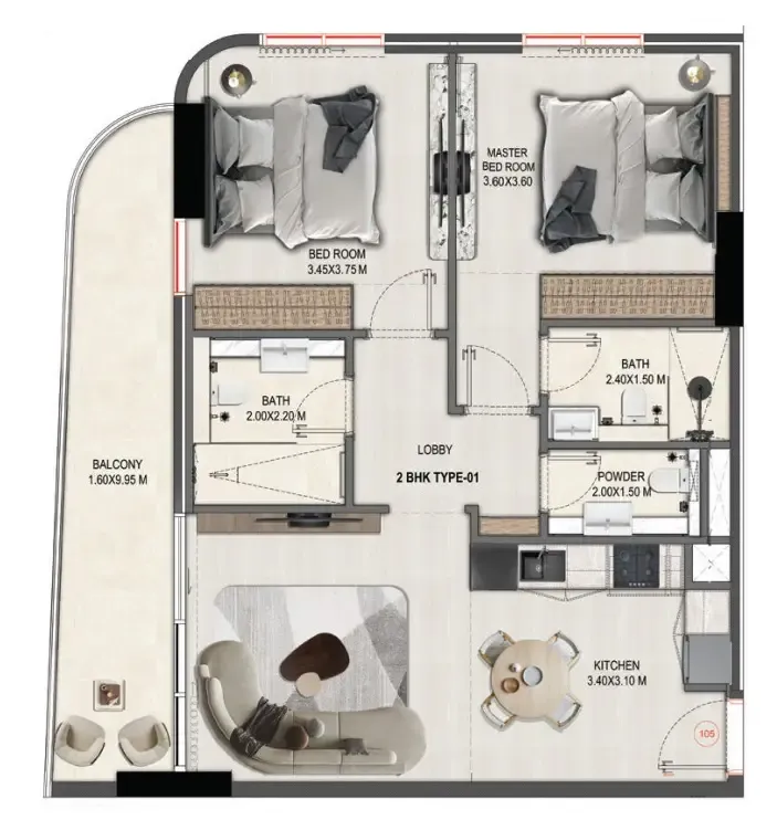 2 bedroom Apartments floor plan at Divine Elements