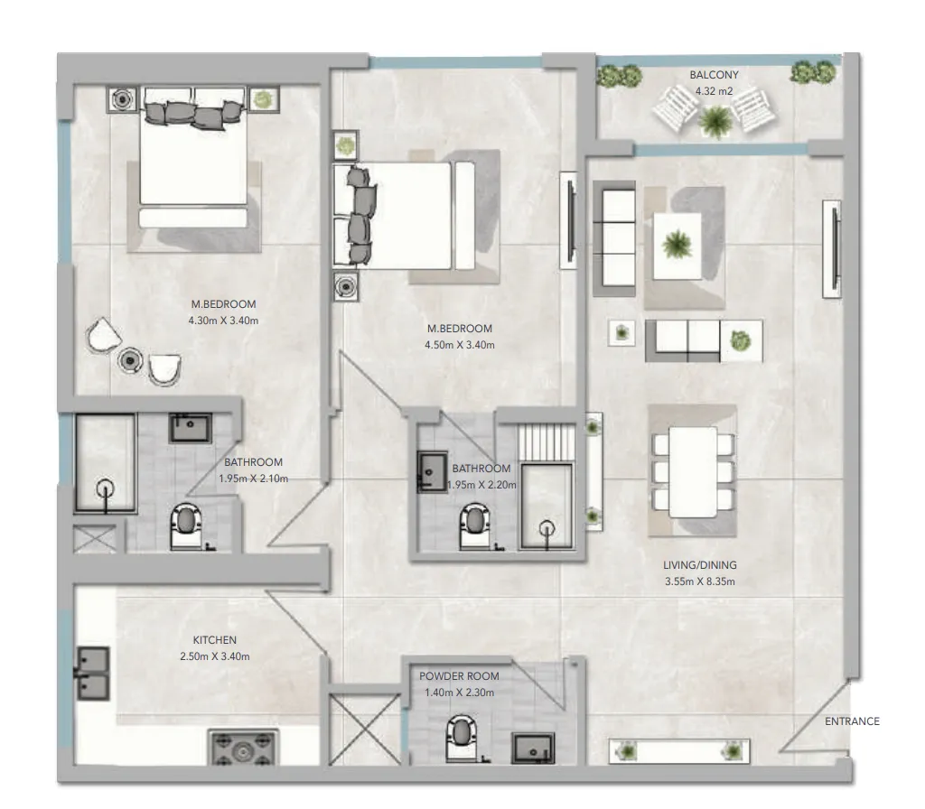 2 bedroom apartments floor plan at Al Aamra 3 Tower
