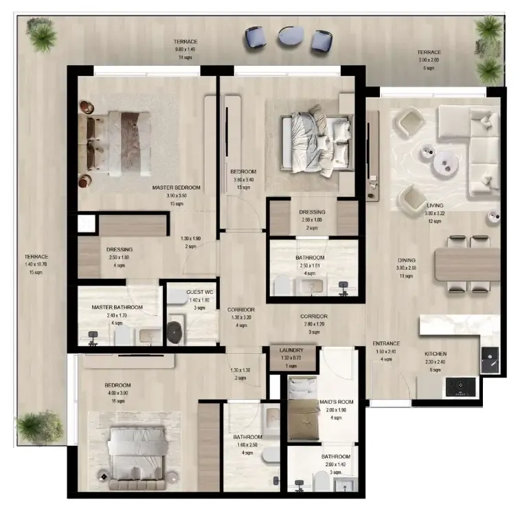3 bedroom Apartments floor plan at Manchester City Yas Residences by Ohana