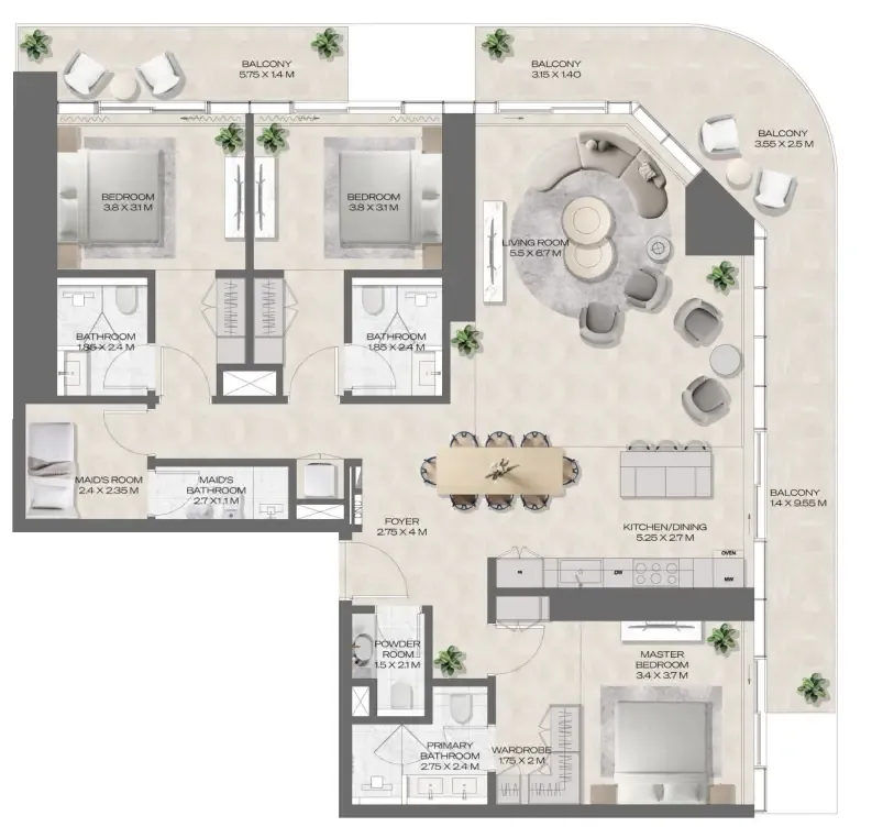 3 bedroom Apartments floor plan at DWTN Residences