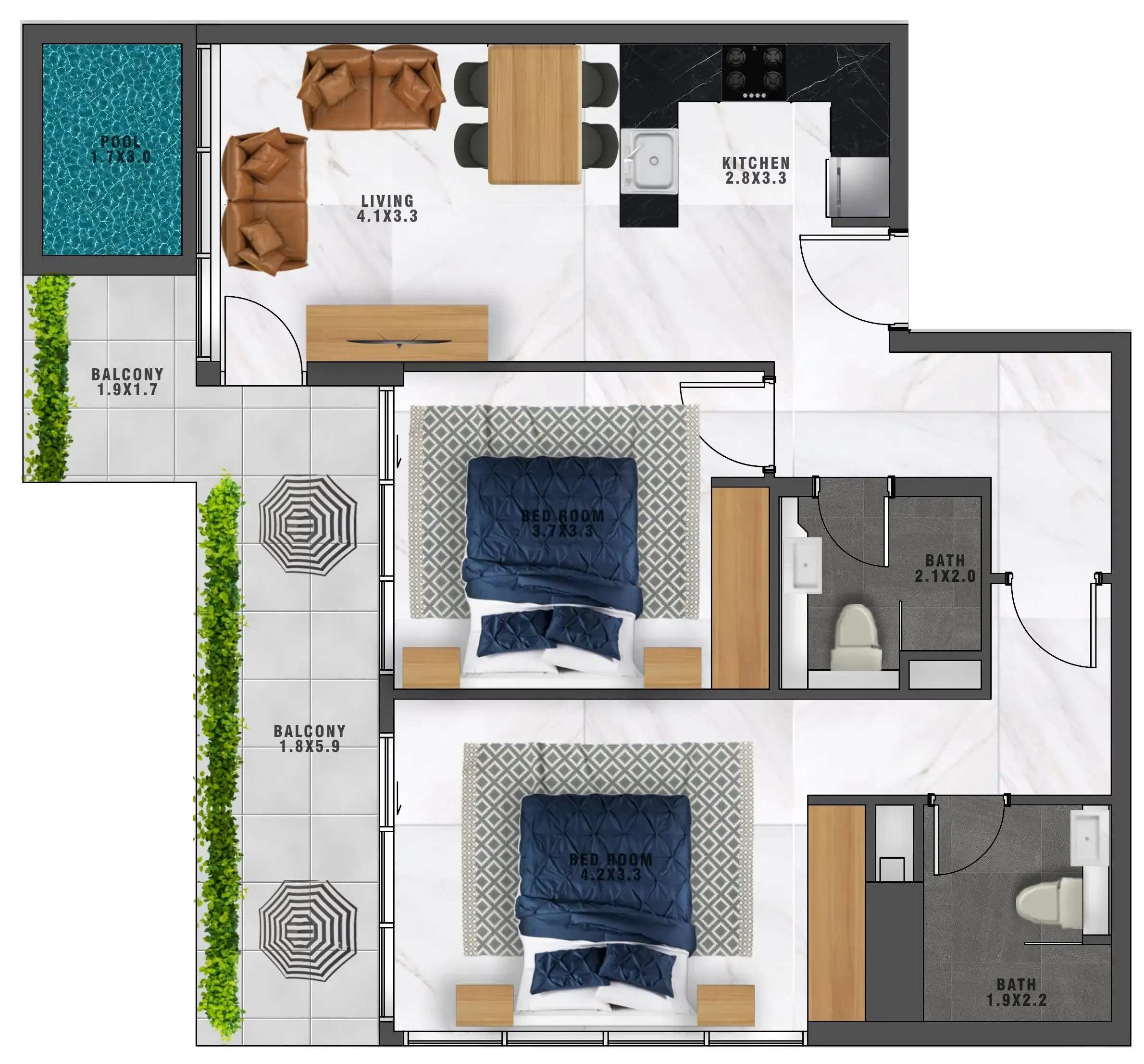 2 bedroom Apartments floor plan at Samana Waves