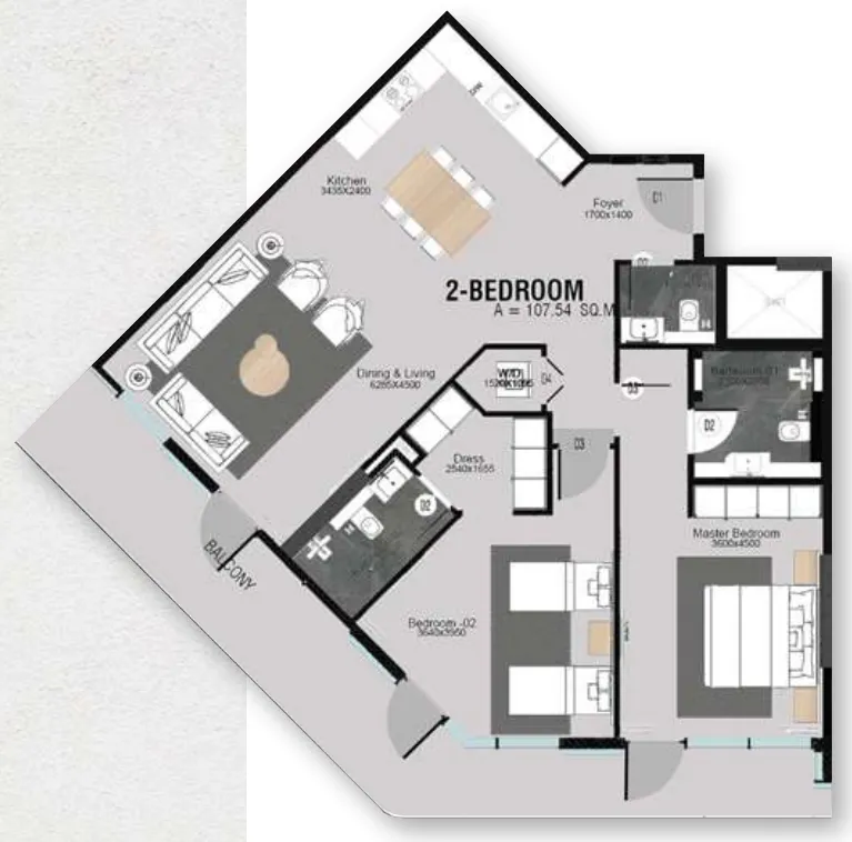 2 bedroom Apartments floor plan at Cresswell Plaza