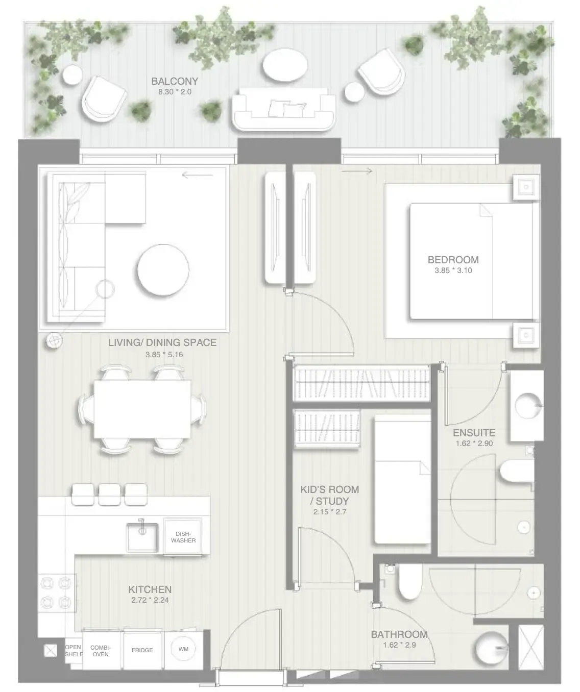 1.5 bedroom Apartments floor plan at Sol Levante