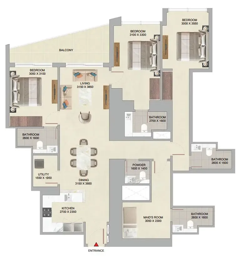 3 bedroom Apartments floor plan at The Serene at Sobha Central