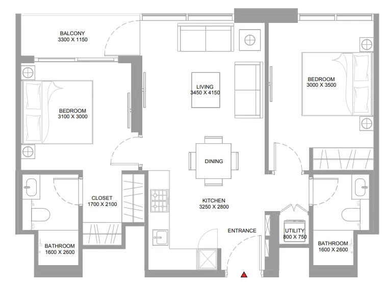 2 bedroom Apartments floor plan at Pristine Beach Residences