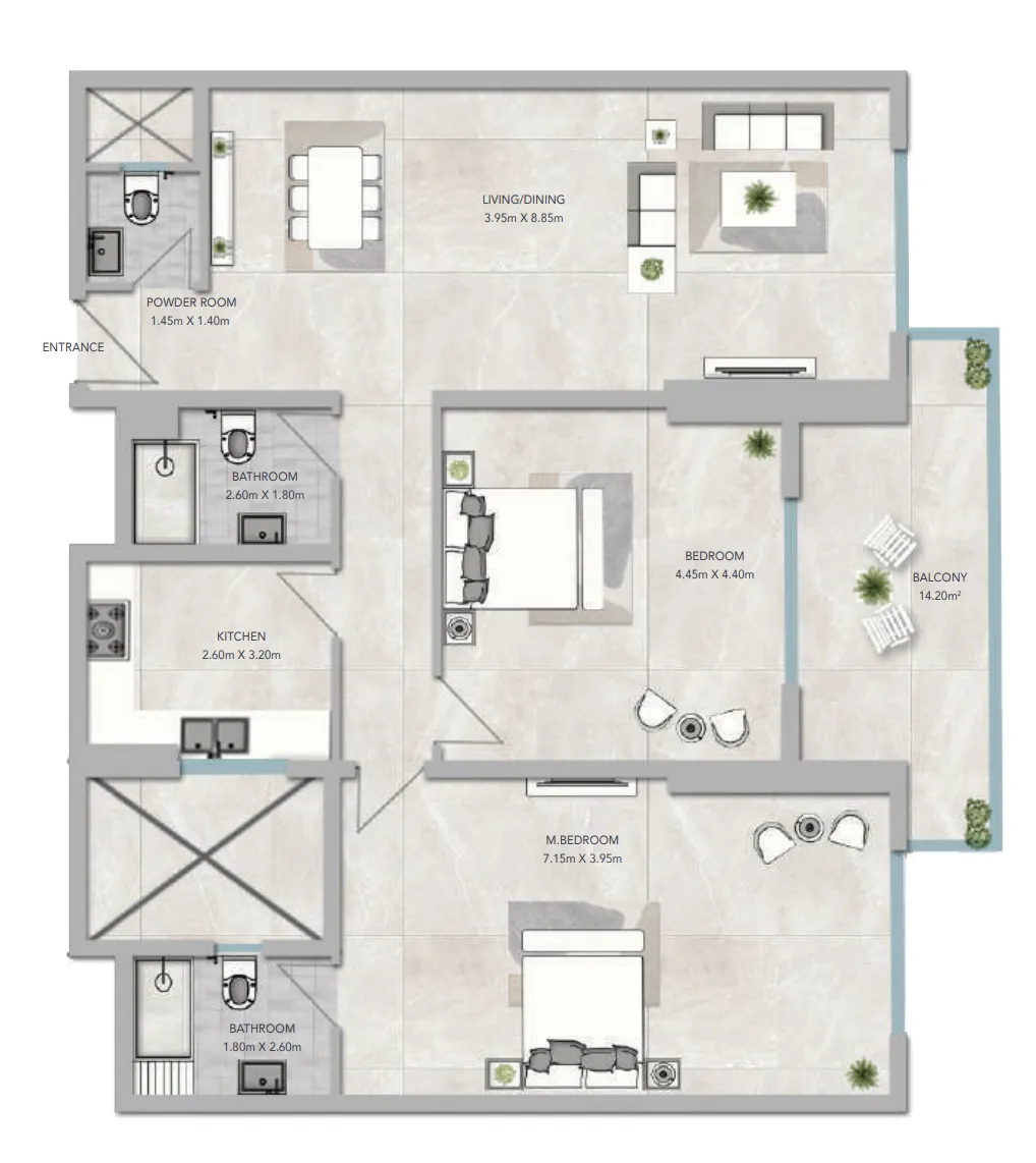 2 bedroom apartments floor plan at Al Aamra 3 Tower