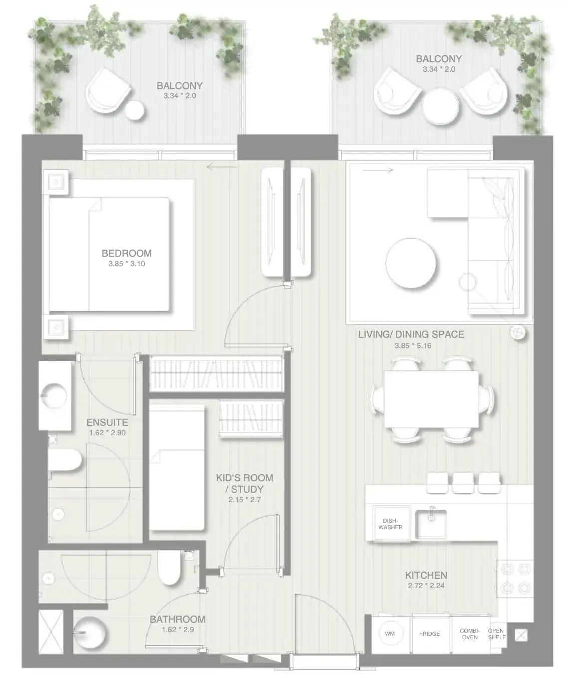 1.5 bedroom Apartments floor plan at Sol Levante
