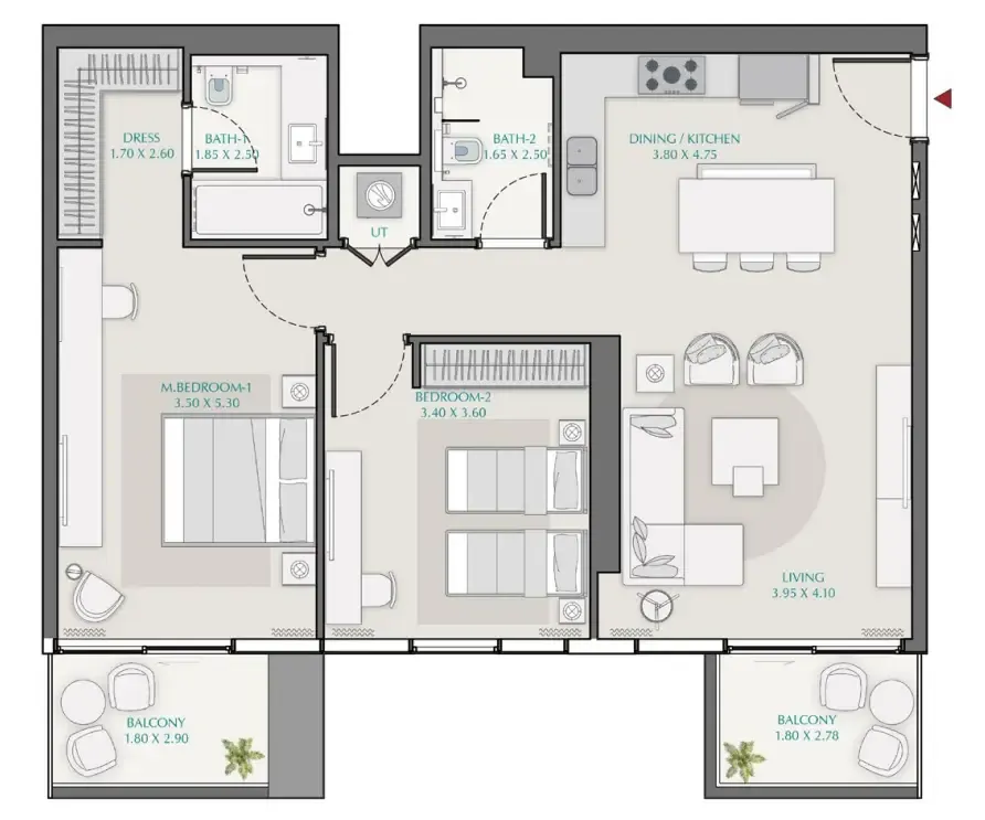 2 bedroom Apartments floor plan at Avenue Park Towers 1 at Wasl 1