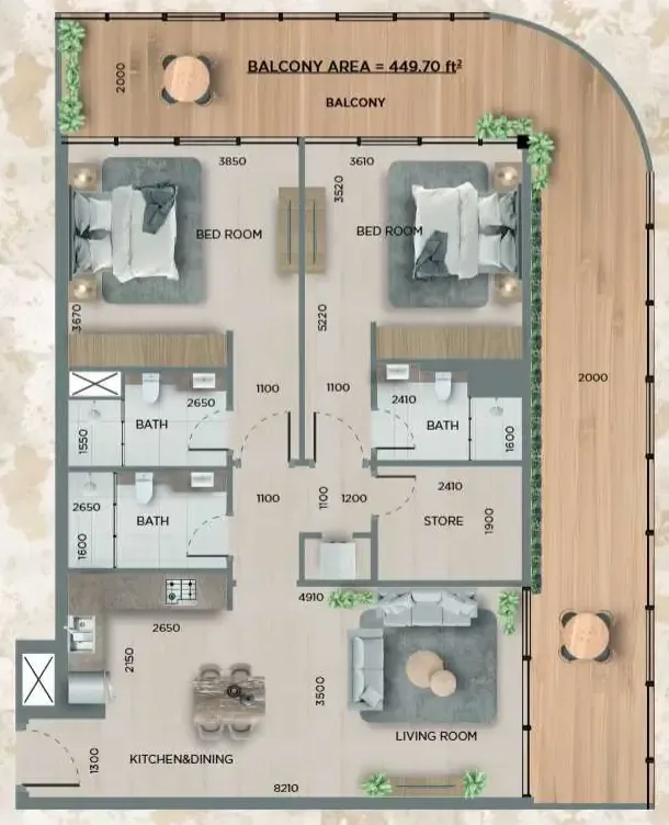 2.5 bedroom Apartments floor plan at 368 Park Ln.