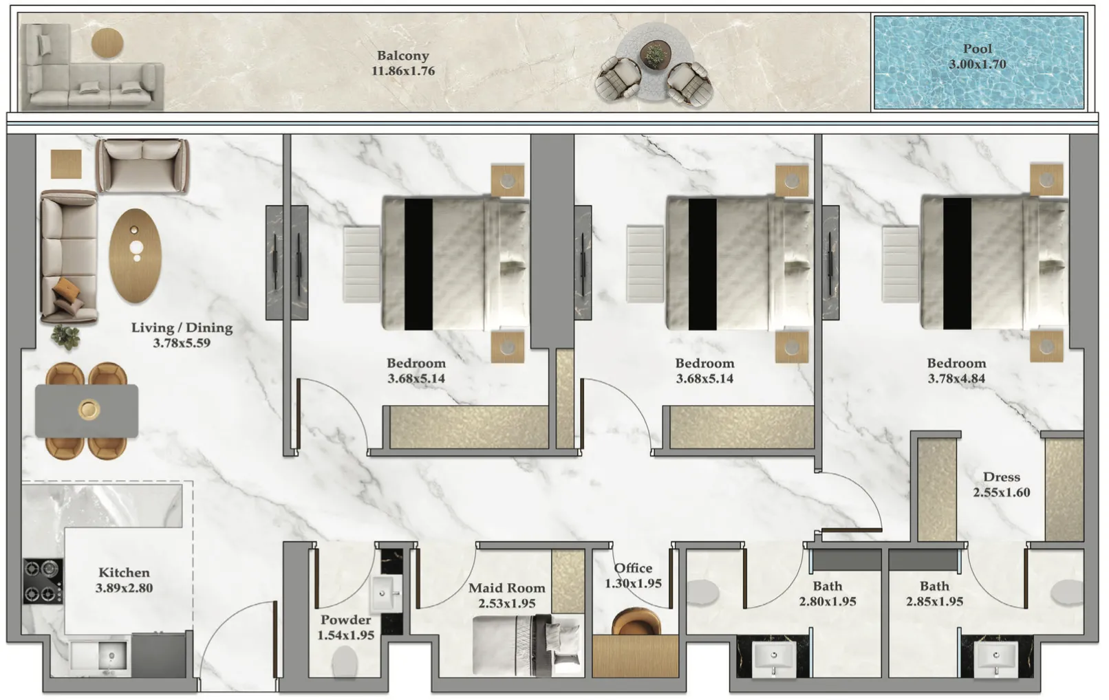 3 bedroom Apartments floor plan at Bayz 102